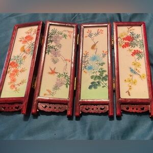 Chinese hand painted birds and flowers double sided 4 section wood screen